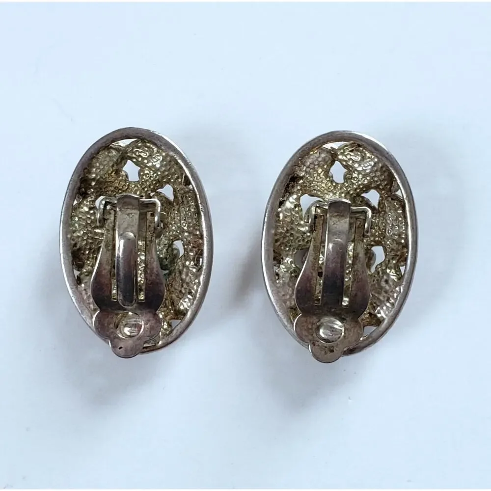 Vintage Earrings Silvertone Floral Enamel Rhinestone Classic Midcentury Clip Ons